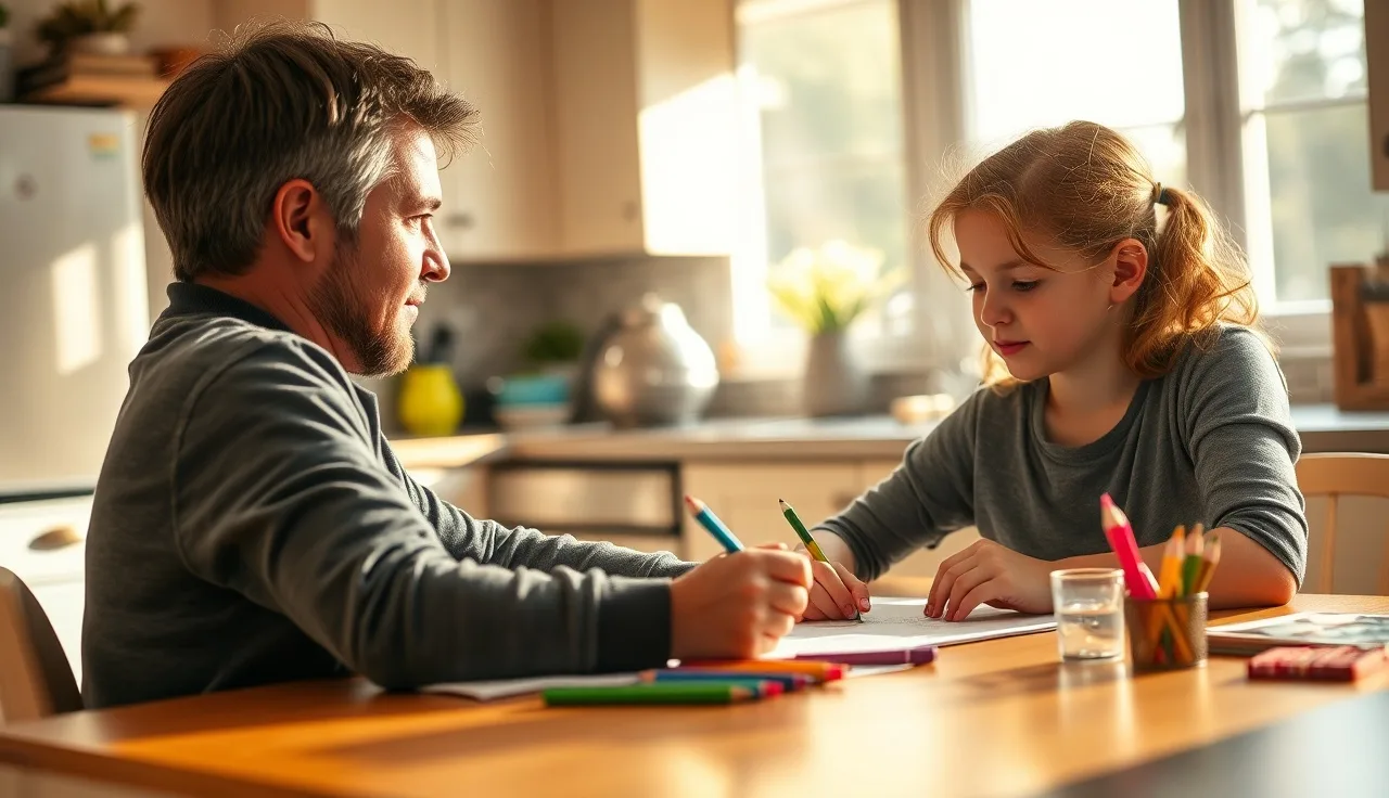 Child and reading tutor working together at a kitchen table in afternoon light
