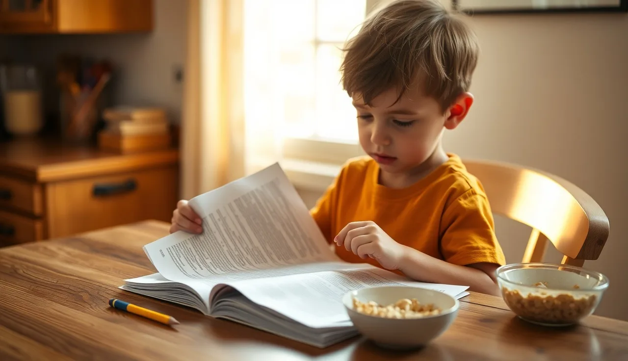 Young child reading a printed passage at a kitchen table in morning light