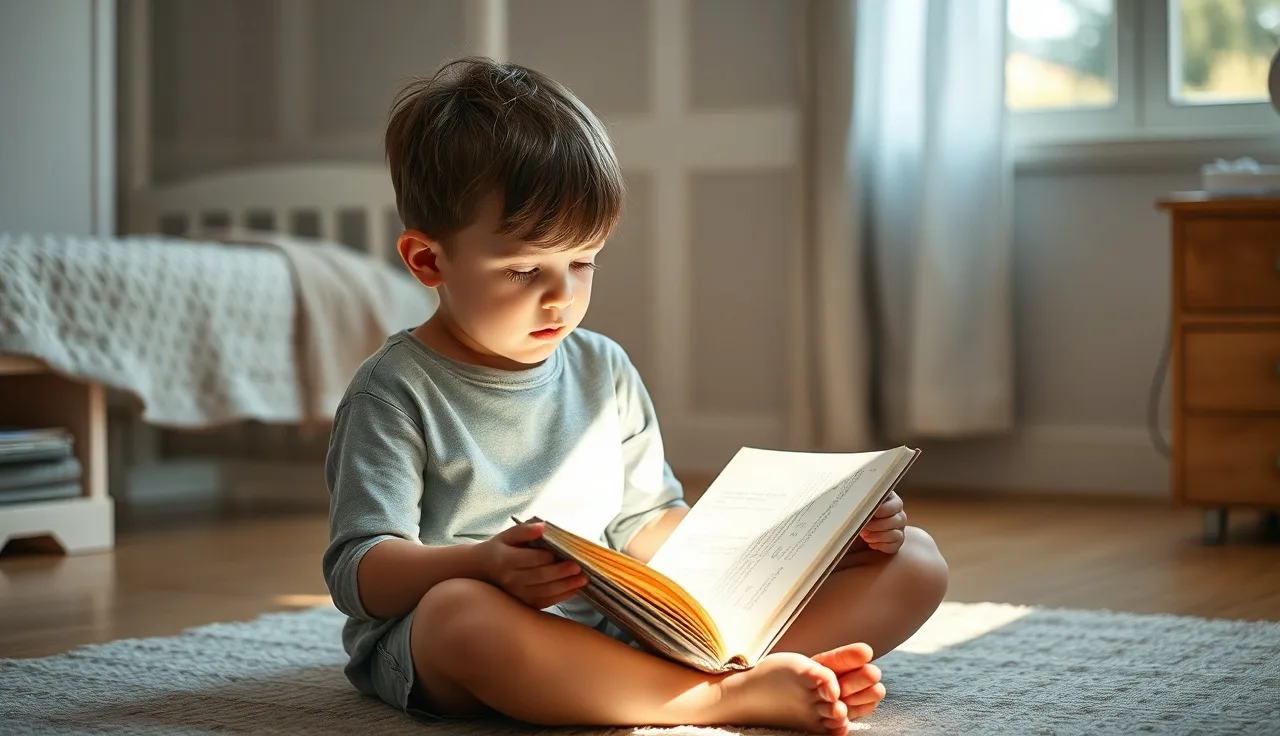 Young child reading silently alone on bedroom floor in morning light