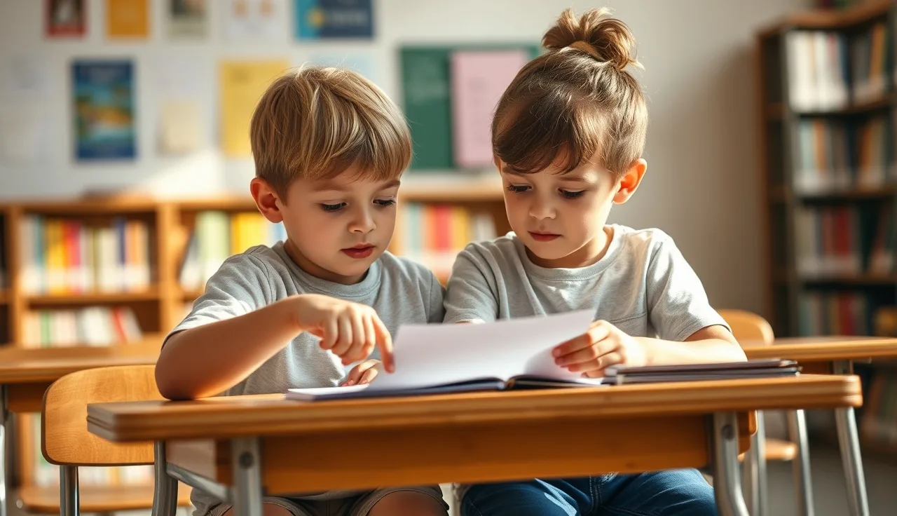 Two children practicing oral reading together at a school desk, one coaching the other