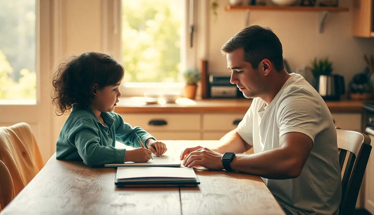 Child and adult tutor working together at a sunny kitchen table in summer