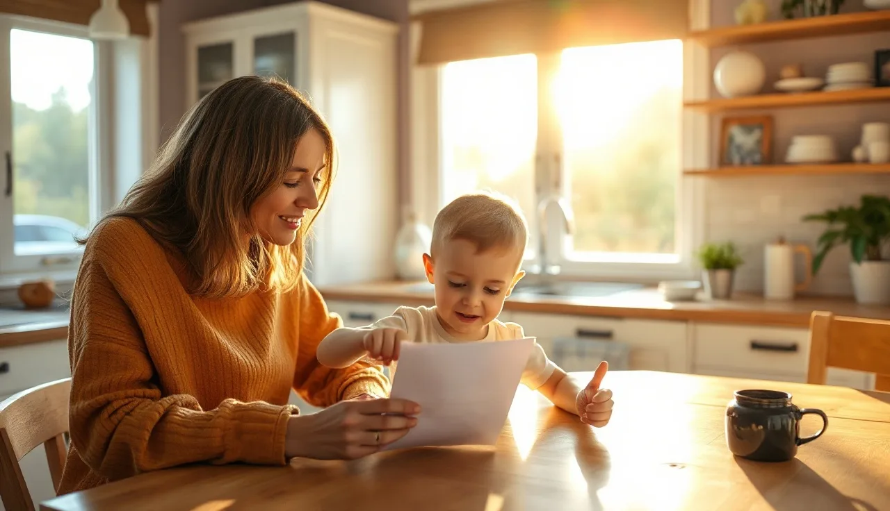 Adult and child working together on reading practice at a home kitchen table