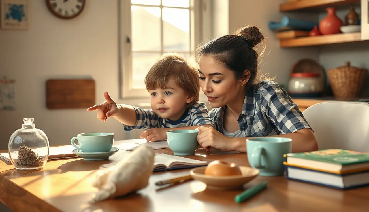 A child pointing at a page while an adult tutor listens attentively at a kitchen table