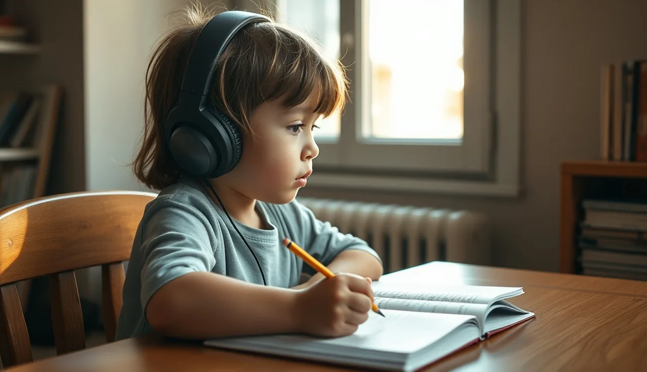 Young girl with headphones at a desk studying with a virtual reading tutor