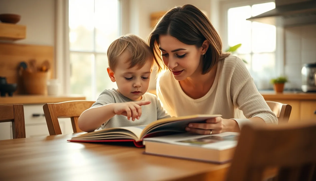 Child pointing at a book page while a parent listens attentively at a table