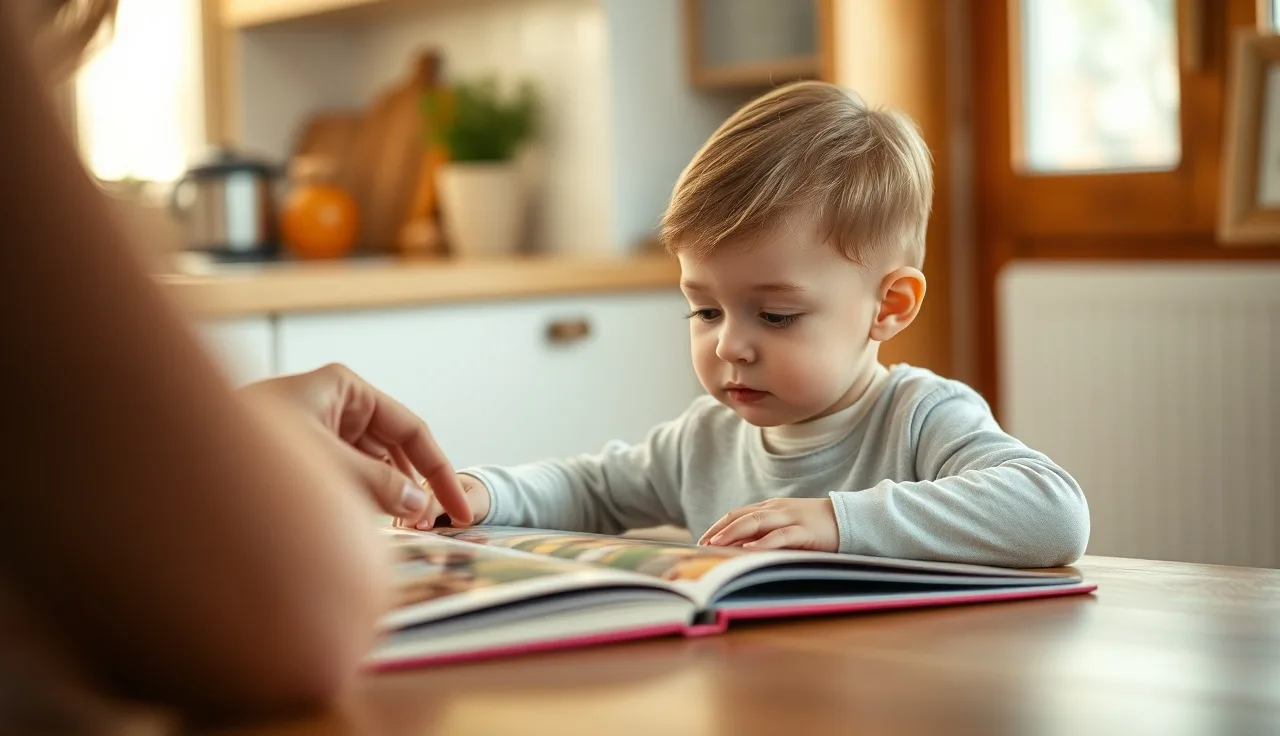 Child and parent reading a picture book together at a kitchen table