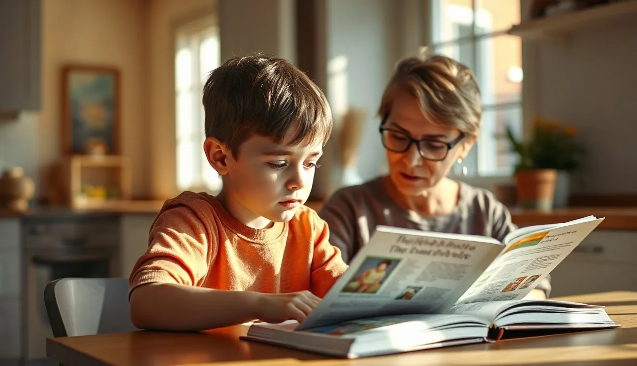 Child reading aloud to an adult at a sunny kitchen table, practicing reading fluency
