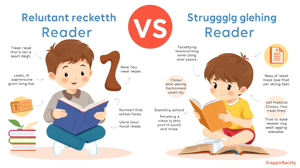 Visual guide for practical steps in reluctant reader vs struggling reader
