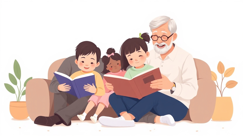 Illustration showing key concepts related to grandparents reading with grandchildren