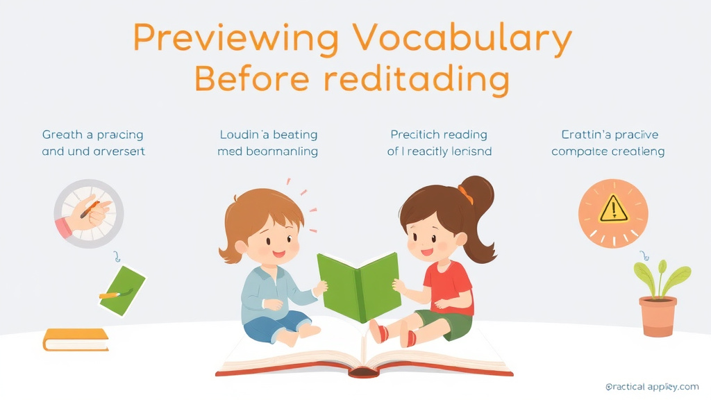 Visual guide for practical steps in previewing vocabulary before reading