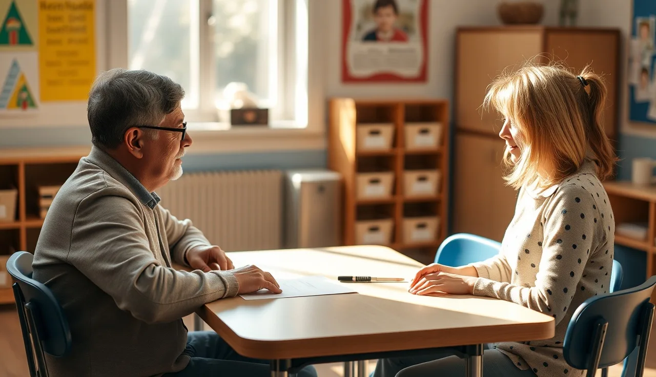 Parent and teacher meeting at a classroom table to discuss a child's reading program