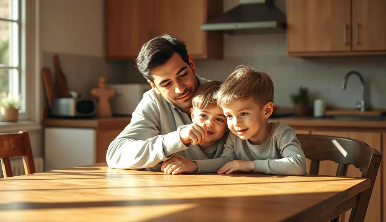 Parent and child sitting at kitchen table, parent listening attentively to child