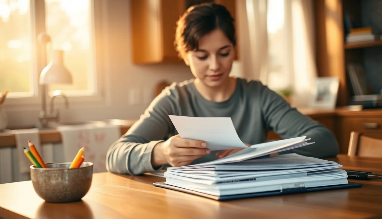Parent organizing a documentation folder at kitchen table before a school meeting