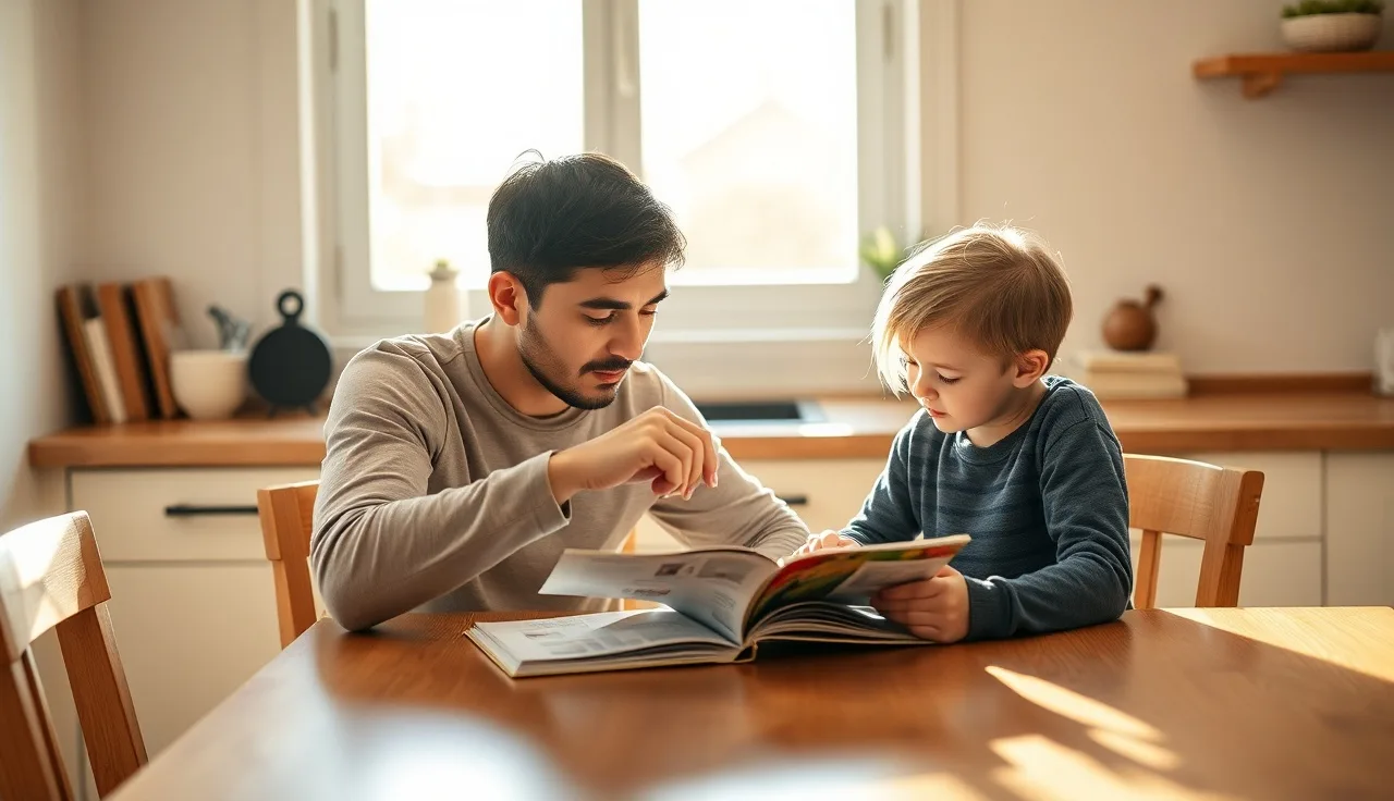 Parent and child reading together at a kitchen table in morning light