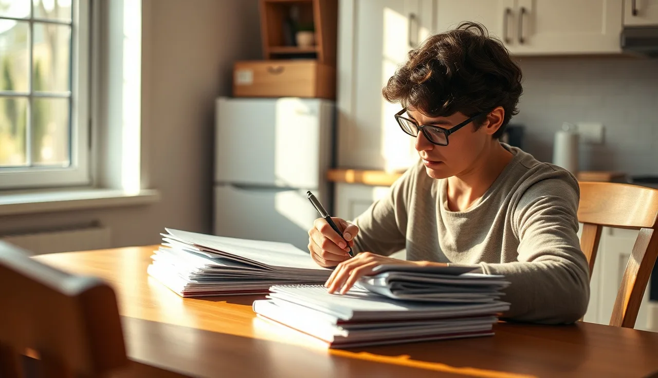 Parent organizing school folders and handwritten notes at a kitchen table