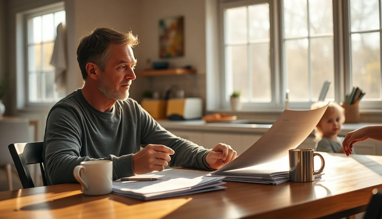 Parent reviewing school records at kitchen table with child in background