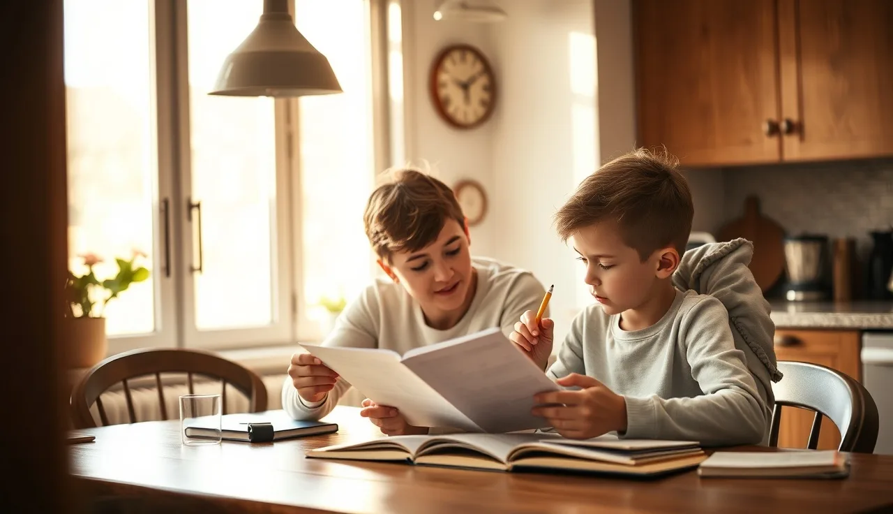 Parent helping child practice reading at a kitchen table in morning light
