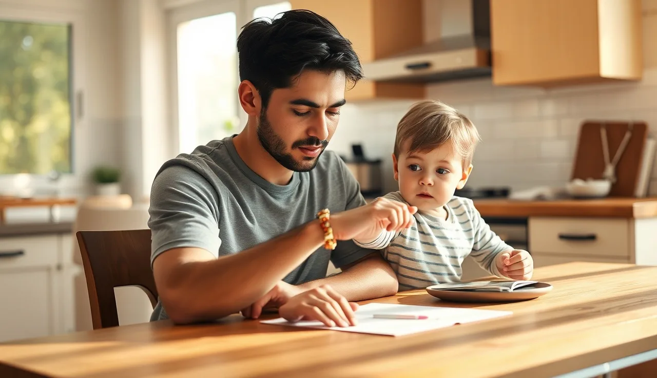 Parent and child at kitchen table working on reading together in morning light