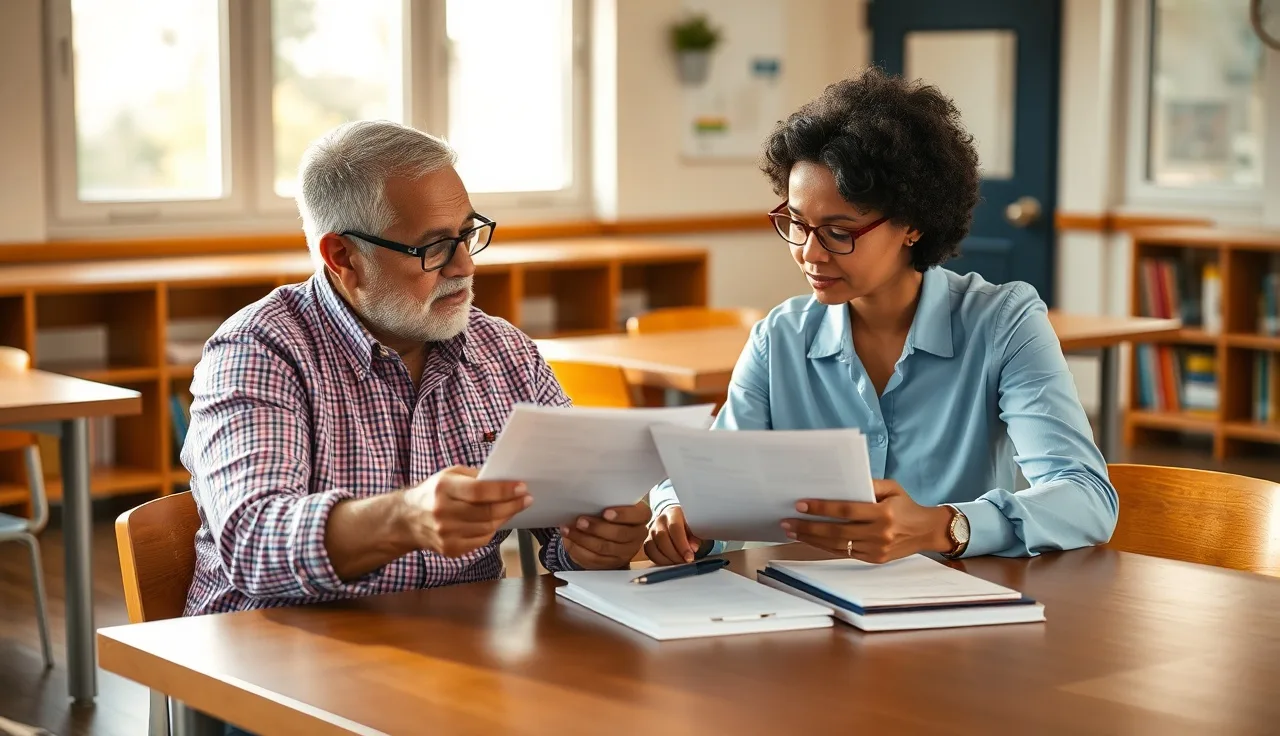 Parent and educational advocate reviewing documents together at a school meeting table