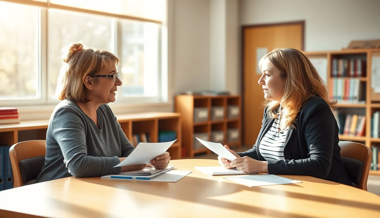 Parent and school counselor reviewing student support documents at a meeting table