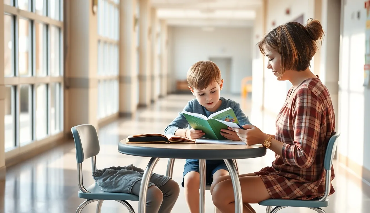 Child and reading specialist reviewing intervention worksheets in a school hallway
