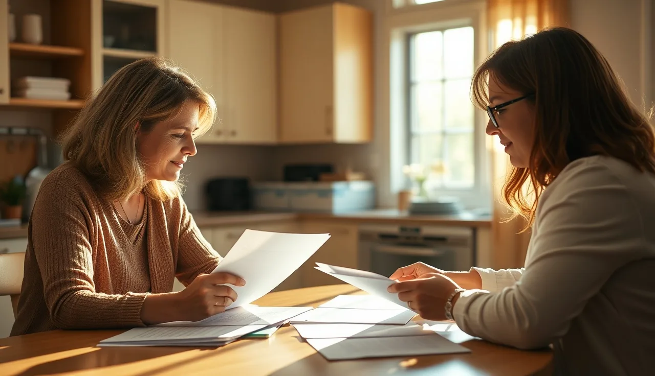 Mother and school administrator reviewing documents at a meeting table