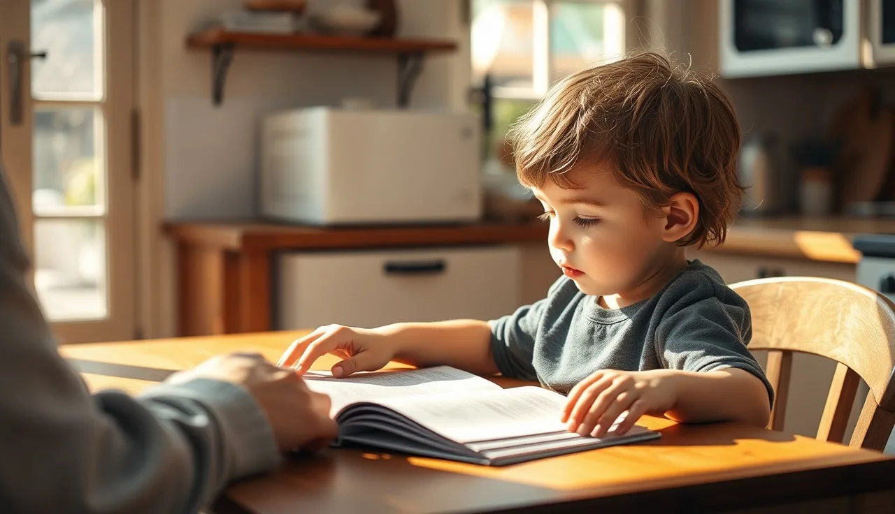 Child and parent at kitchen table with open book in afternoon light