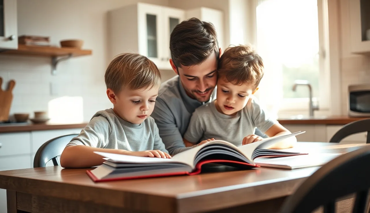 Adult and young child working together on reading at a kitchen table